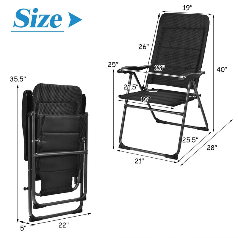 Adjustable Black Steel Frame Reclining Patio Chairs, Set of 2