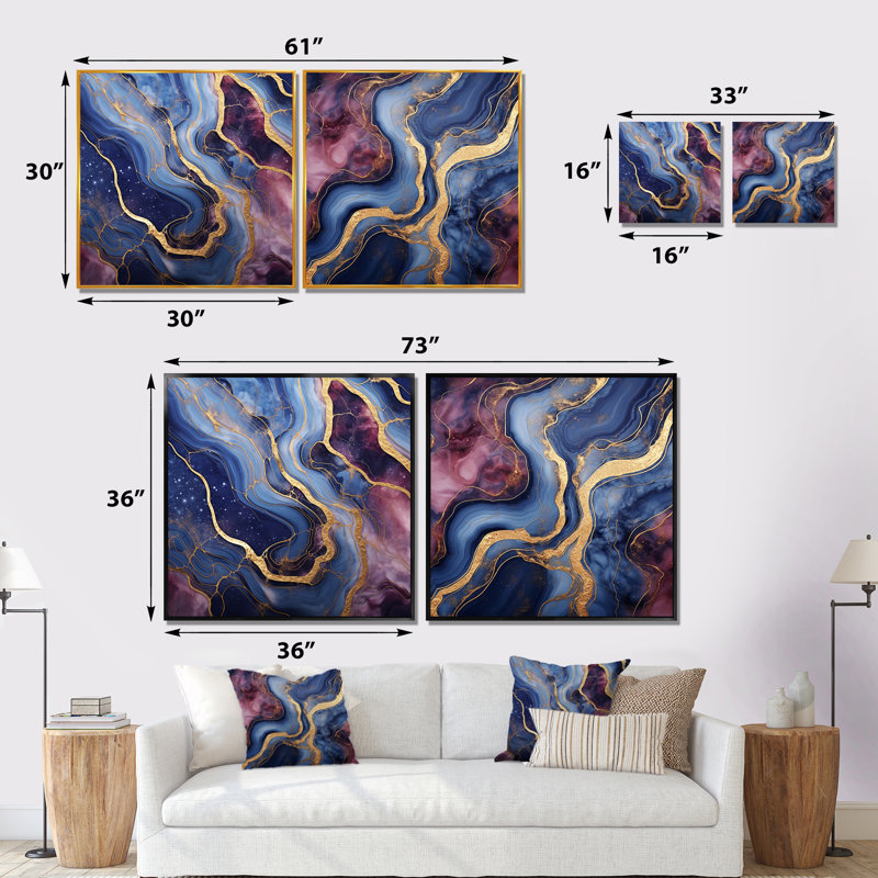 Essence de marbre abstraite bleue et dorée I - ensemble de 2 décorations murales en marbre abstrait, Toile tendue