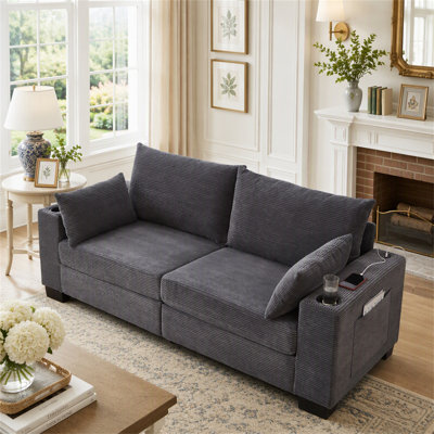 Canapé 3 places en velours côtelé de 198 cm (78 pouces) pour salon, canapé moderne rembourré avec port USB, porte-gobelets et poche latérale, assise profonde et moelleuse.