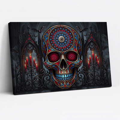 Art mural sur toile rouge et bleu avec des chauves-souris gothiques