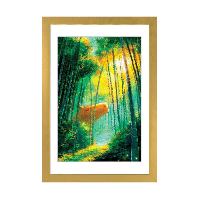 Capybara dans la forêt de bambous - reproduction d'art mural - papier d'art encadré, 32 po x 24 po, Papier encadré, Doré