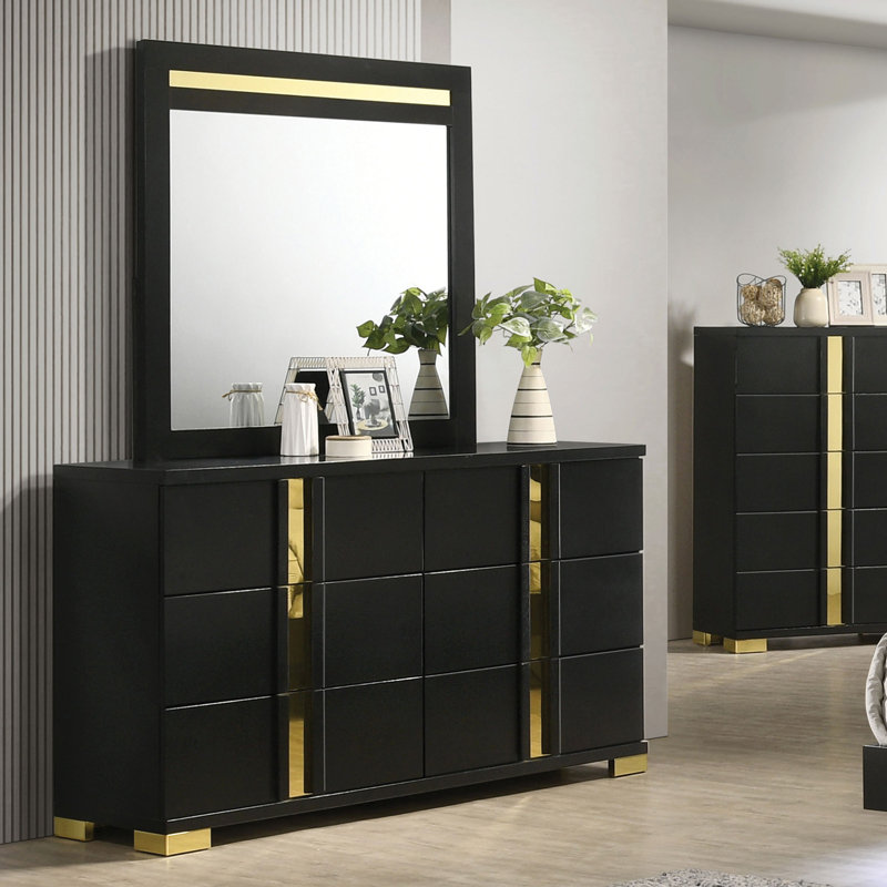 Commode 6 tiroirs avec miroir Riegel, Noir et or