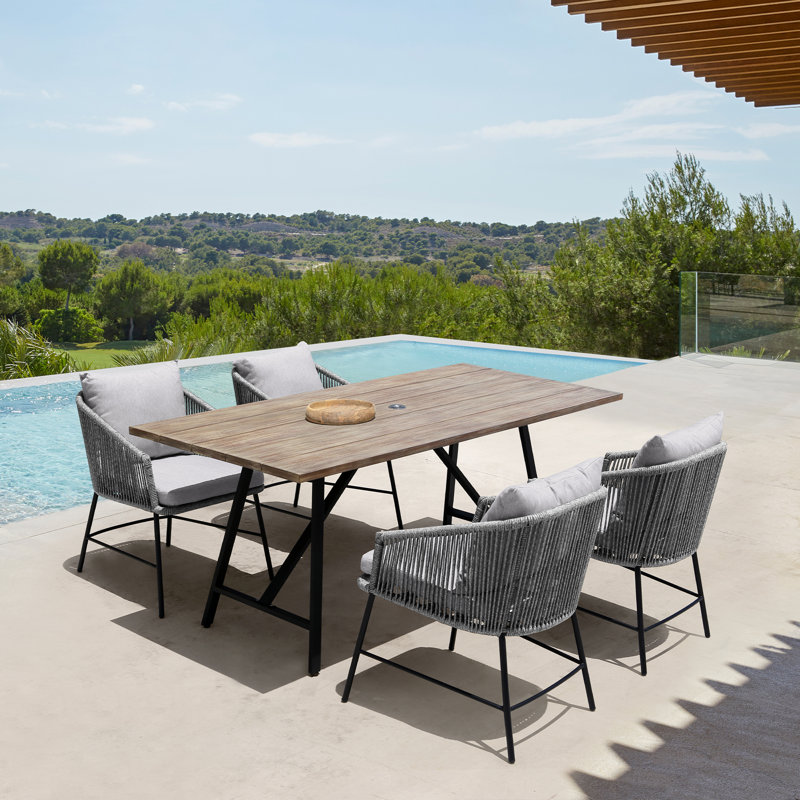 4 - Person Patio Dining Set with Rectangular Table , Cushions Included, Natural Table/Light Gray Cushion