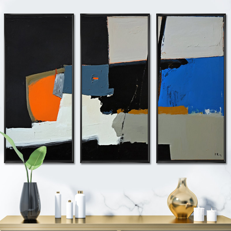 «Touched By Orange I Touched By Orange I», peinture sur toile 3 pièces, H 20 po x l 36 po x P 1 po, Toile encadrée noire