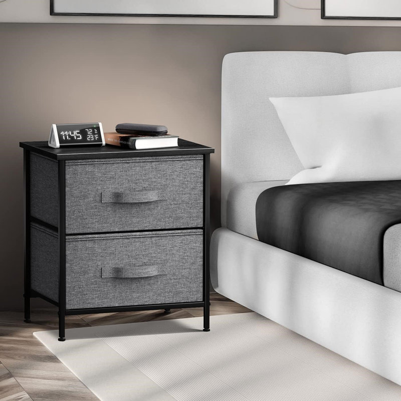 Sorbus Modern Nightstand with 2 Drawers - Set of 2, Black - Bedside Furniture End Table Night Stand with Steel Frame, Wood Top & Easy Pull Fabric Bins - Small Dresser & Chest for Home, Bedroom Accessories & Office