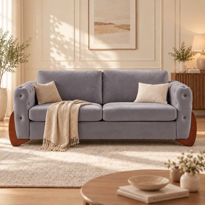 Classic Button Tufted Velvet Sofa with Curved Rubberwood Legs and Cushioned Backrest for Living Room Apartment and Lounge