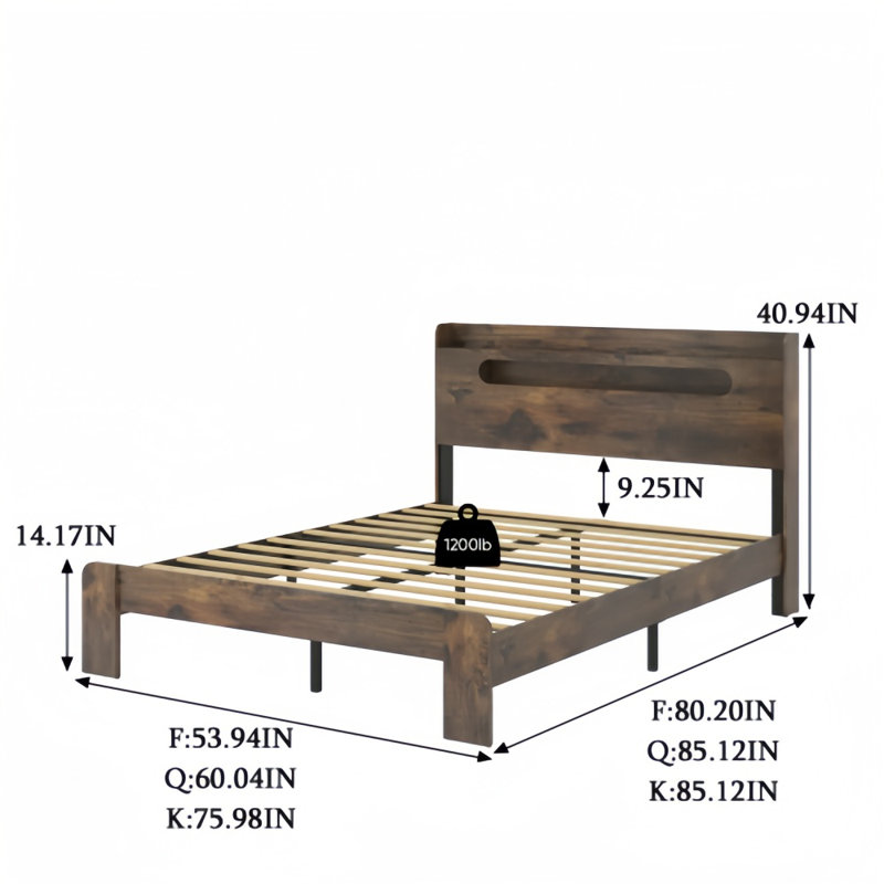 King Rustic Brown Wood Platform Bed Frame with Storage and LED Headboard