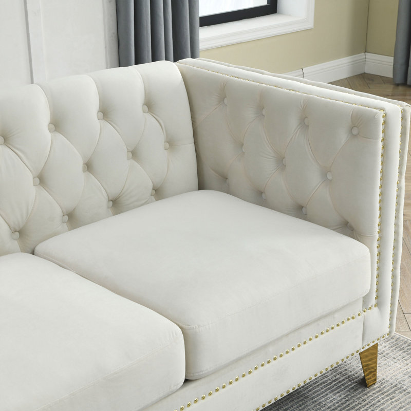 Corner Sofa, L-Shaped Sectional Couch, 5-Seater Corner Sofas with 3 Cushions, Beige Velvet