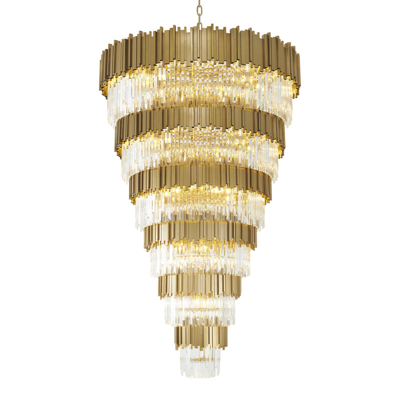 60 Light Tiered Chandelier With Crystal Accents, Brushed Brass, 6