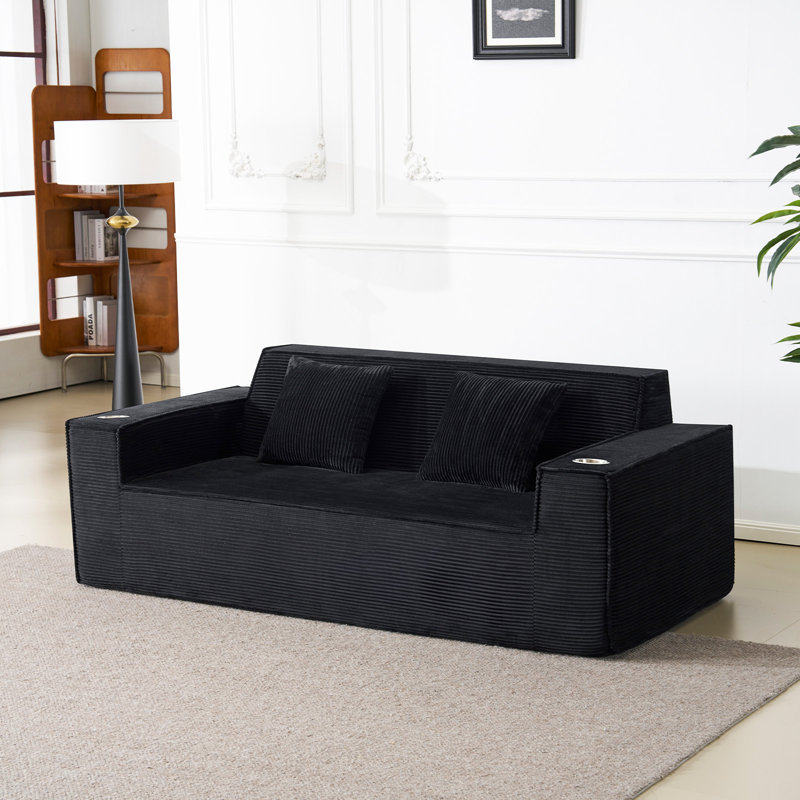 Canapé 76 po avec accoudoirs carrés en chenille 76 po, petit canapé 2 places avec porte-gobelets, Noir