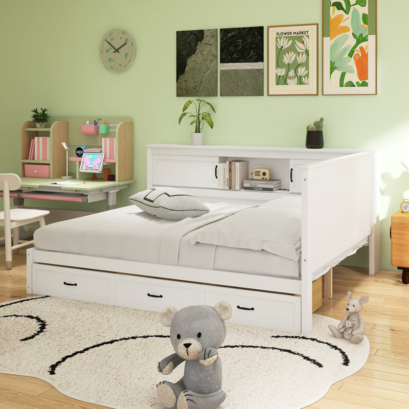 L-Shaped Bed Frame With Drawer And And Bookcase, Full