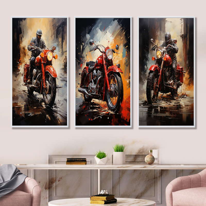 Ensemble de salon Crimson Thunder Red Dirt Bike - Moto Wall Art, Cadre flottant blanc, H 28 po x l 36 po