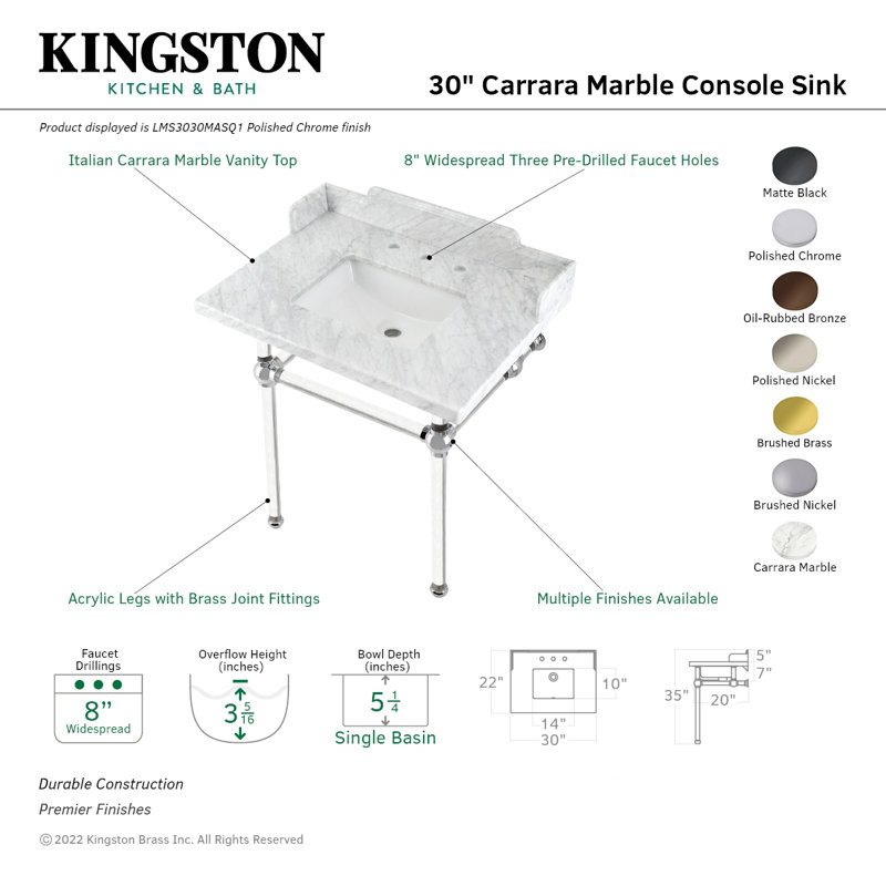 Kingston Brass Pemberton 30-Inch Carrara Marble Console Sink with Acrylic Legs (8-Inch, 3-Hole), Marble White/Matte Black