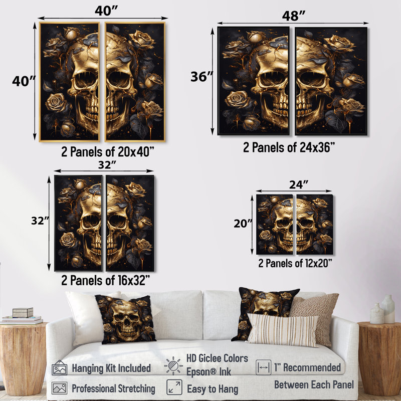«Gothic Skull Roses», grande art mural sur toile à motif floral abstrait 2 pièces, H 36 po x l 48 po, Black
