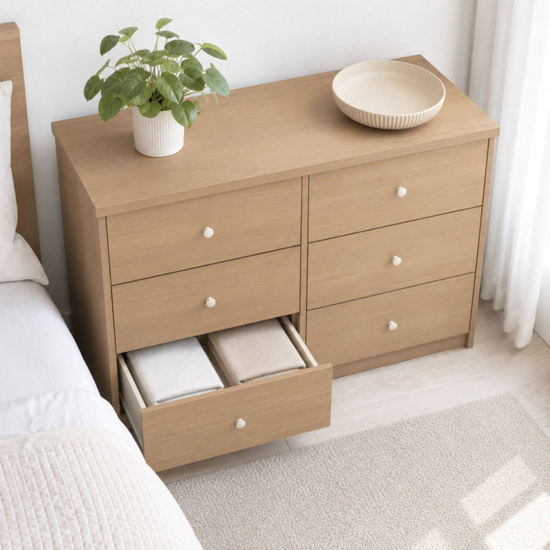 Ingrassia 6-Drawer Wide Chest of Drawers, 3 + 3 Bedroom Furniture Storage, Brown