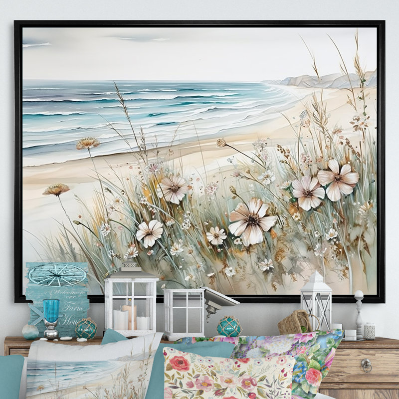 Fleurs sauvages sur la plage - Fleurs sauvages encadrées, H 16 po x l 32 po x P 1 po, Cadre flottant noir