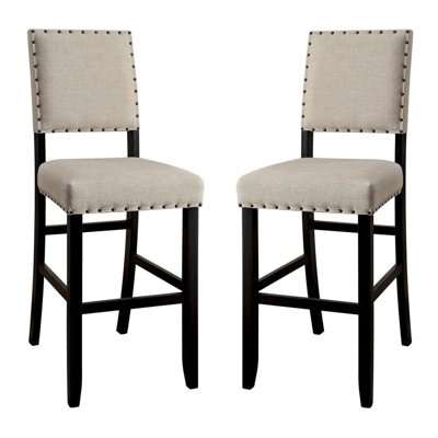 Charme rustique ivoire, tissu semblable au lin, 2 pièces, chaises de bar à hauteur de comptoir, garniture cloutée, noir antique, détails vieillis audacieux