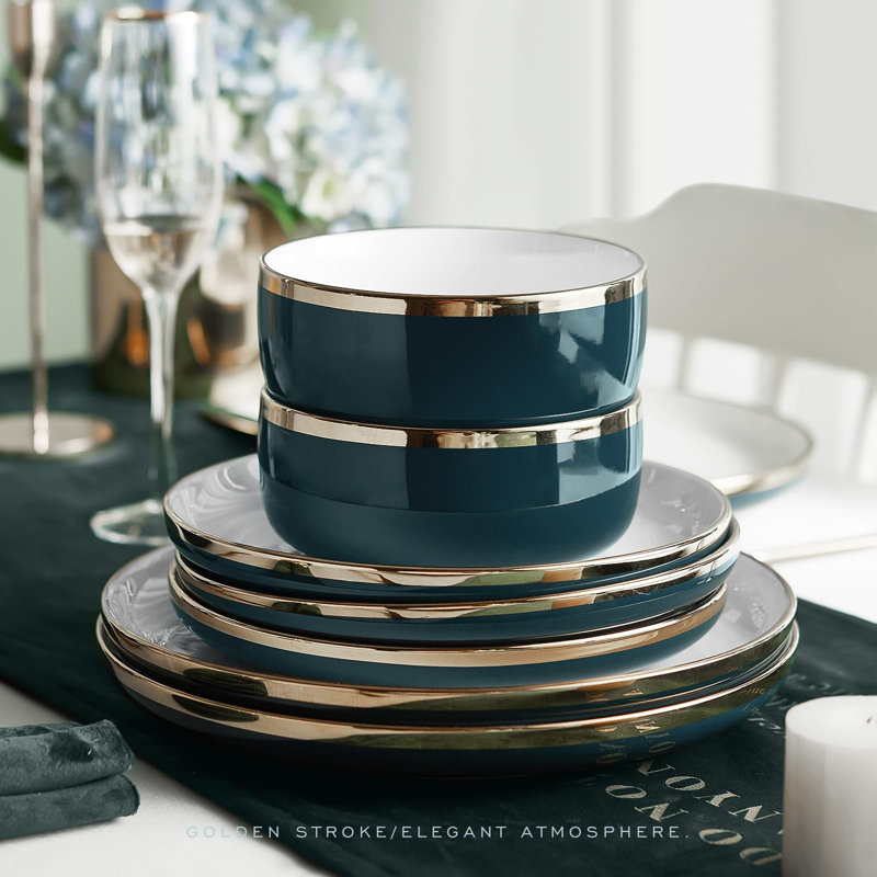 Green and White Porcelain Dinnerware Set with Gold Rim, Service for 4