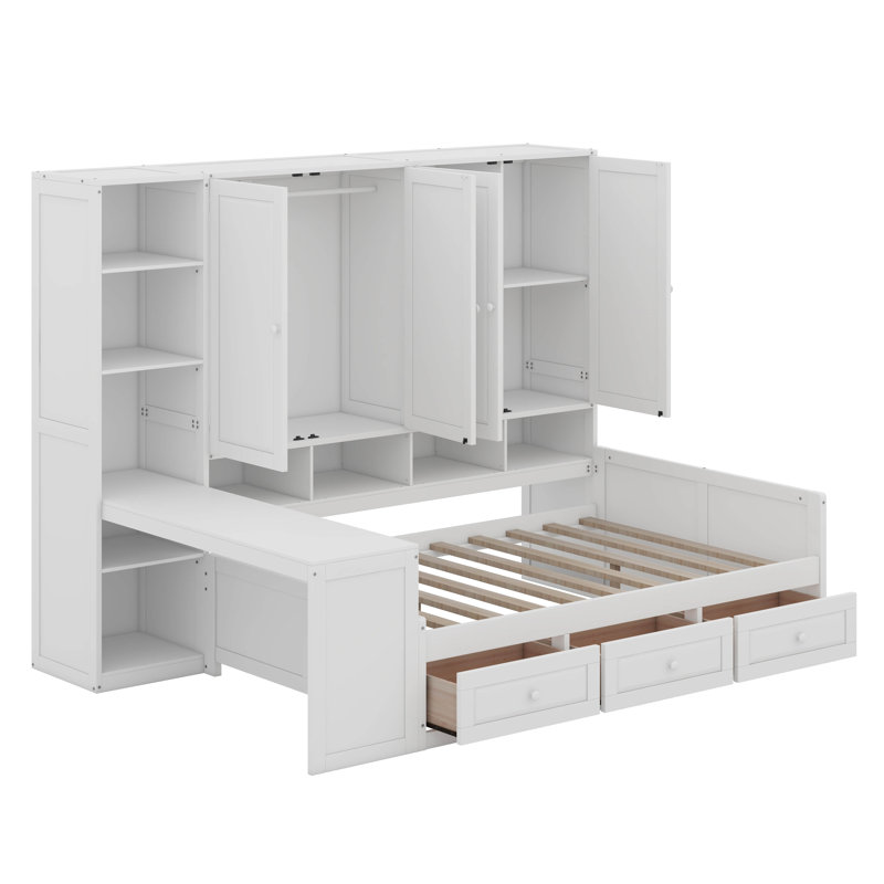 Lit de jour en bois avec trois tiroirs et armoire tout-en-un, bureau et tablettes, Blanc, Double