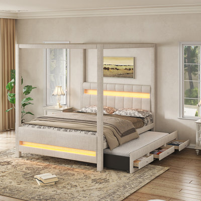 Grand lit plateforme à baldaquin tapissier avec lumières DEL, lit gigogne simple et 3 tiroirs de rangement