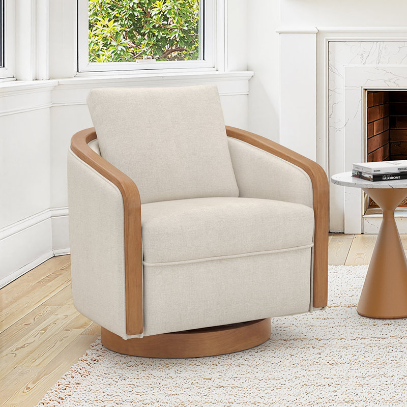 Fauteuil demi-tonneau pivotant rembourré de 29,2 po de largeur avec structure en bois massif Dove, Lin lin, Argent argent