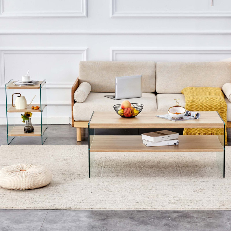 Ensemble de table de chevet et de table basse à trois niveaux, panneau de fibres à densité moyenne et verre trempé, conception simple avec rangement puissant