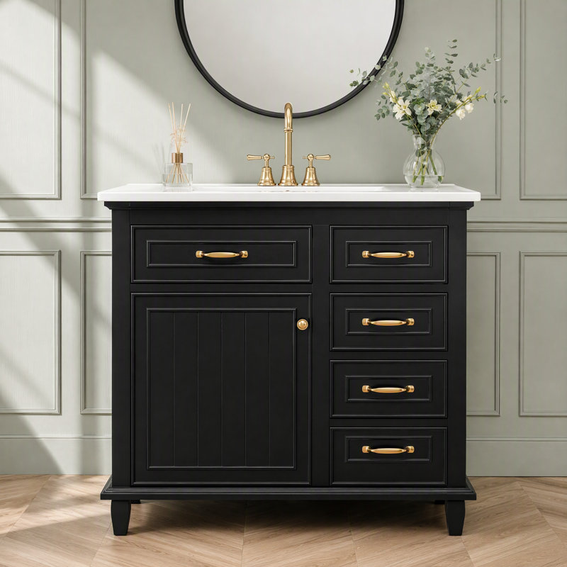 Meuble-lavabo de 36 po avec comptoir en céramique et meuble-lavabo autoportant en bois massif, Noir