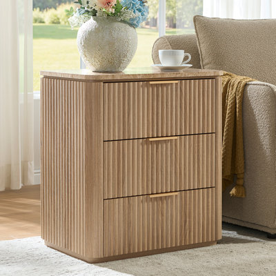 23.1"w Nightstand With Drawers,  Wood Fluted Bedside Table With Faux Marble Top by Latitude Run