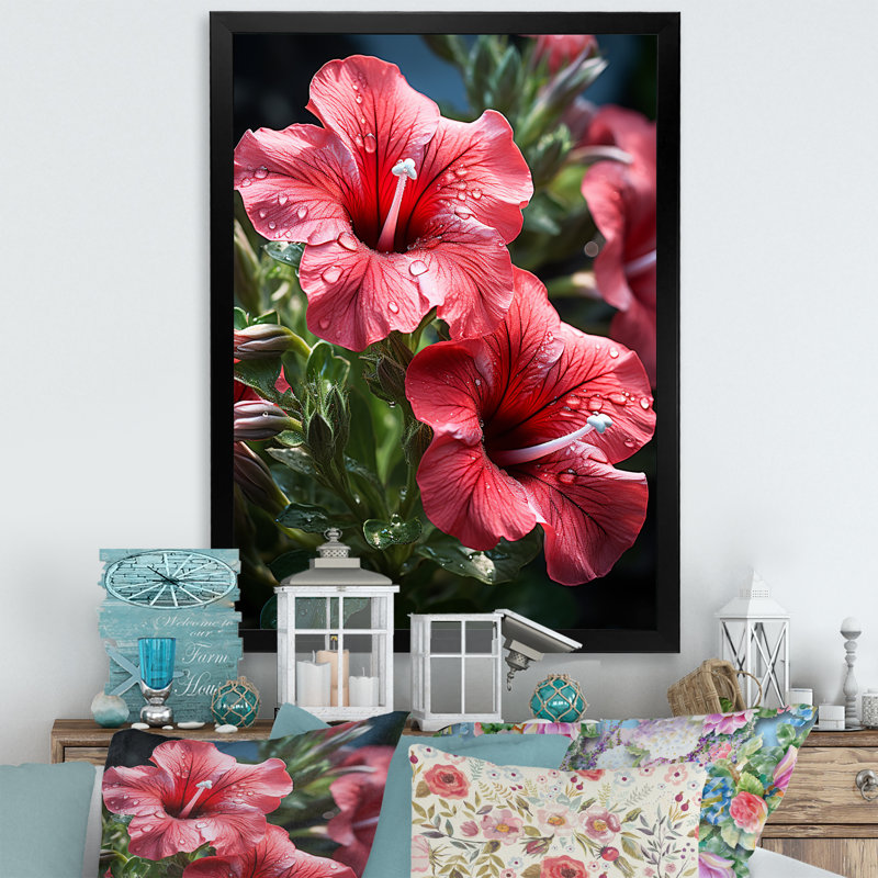 Red Petunia Parade - Pétunias, art mural, Cadre simple noir, H 32 po x l 16 po x P 1 po