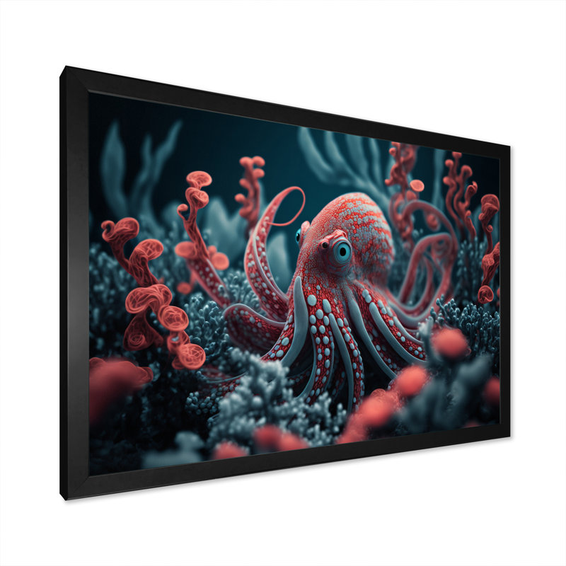 Mykea Red Octopus on the Ocean Floor I - reproduction sur toile, Impression noire sur toile encadrée, L 20 po x H 12 po