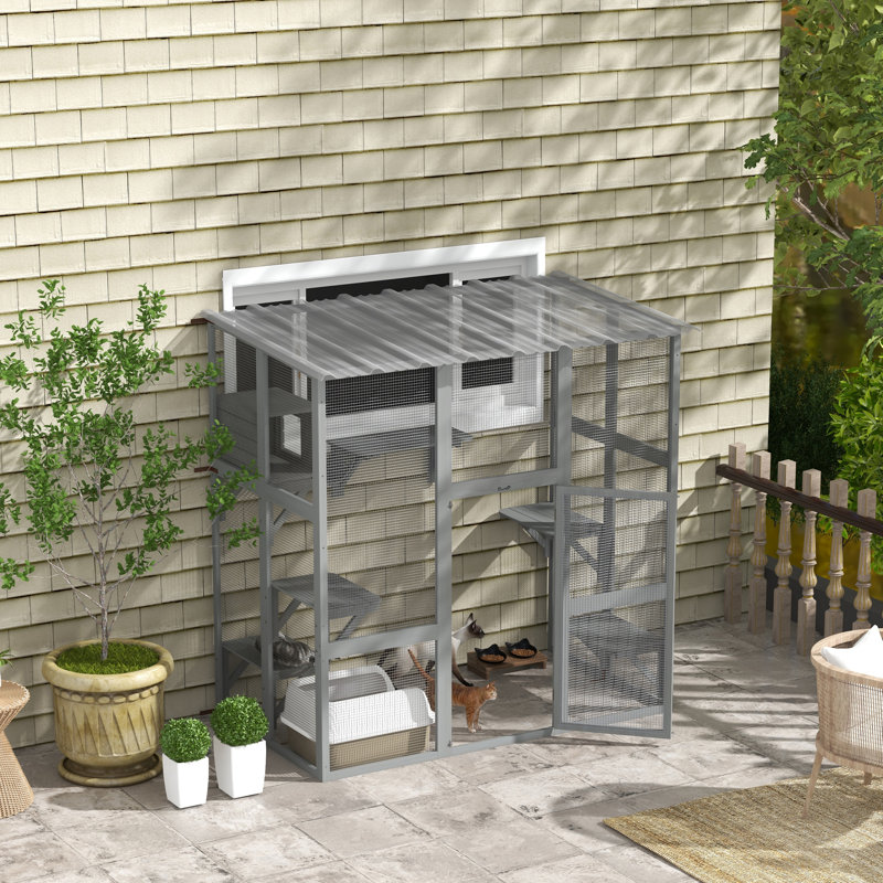 Gray Wooden Outdoor Cat House with Platforms and Bridge