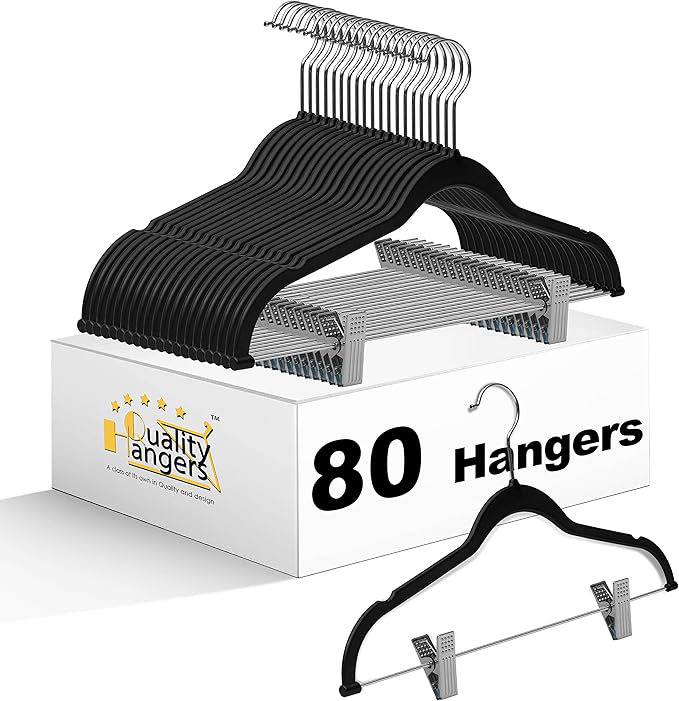 Cintre mince en plastique noir de qualité avec pinces en métal pour jupes, pantalons avec crochet pivotant, paquet de 80