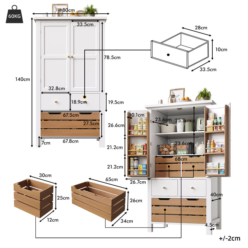 140cm Kitchen Pantry, White