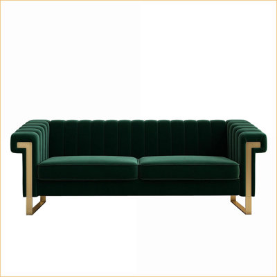 Sofas, 3-Seat Modern Retro Green Velvet Sofa with Gold Accents - Channel-Tufted for Living Room Office | Retro Green | Velvet