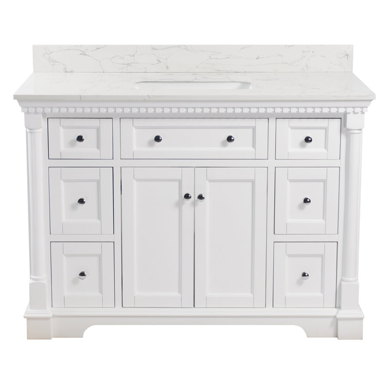 Fossen 48" Single Bathroom Vanity with White Cabinet and Engineered Marble Countertop, White, Engineered Marble