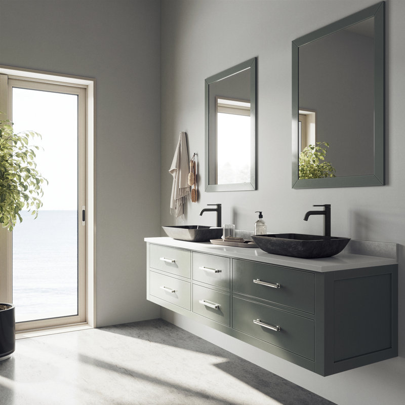 Donatello 18" L x 13" W x 4" H Rectangular Glass Vessel Bathroom Sink with 10" H Faucet, Gray Onyx, Matte Black