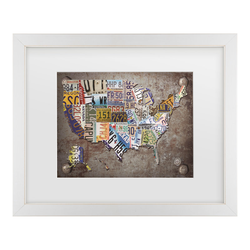 Art encadré avec passe-partout, "USA Licence Plate Map On Metal", H 13 po x l 16 po x P 0,75 po, Blanc