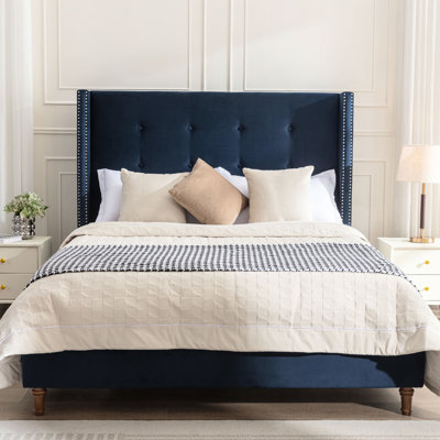 Tête de lit pour grand lit de 54 po, capitonnage attrayant, dossier à oreilles avec garniture cloutée, velours bleu, sommier tapissier non nécessaire, tête de lit tapissier facile à assembler et guide classique, pas de processus simple