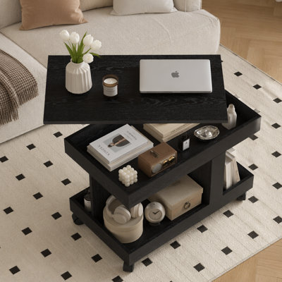 Small Coffee Table with Wheels, 360° Rotating Desktop Multi-Functional Side Table