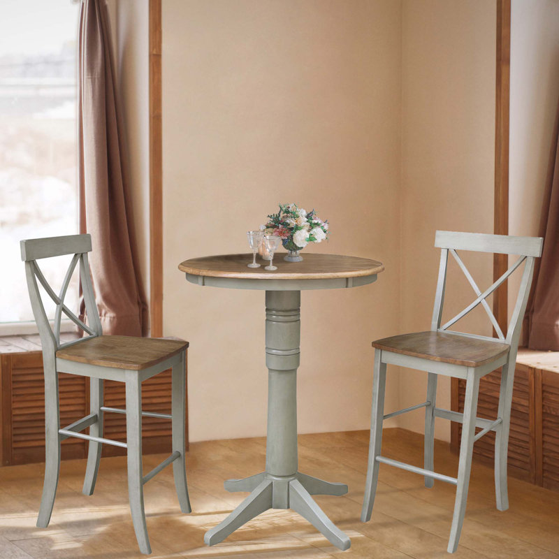 Frausto 2 - Person Solid Wood Bar Height Pedestal Dining Set, Hickory/Stone, 41.9" H x 30" W x 30" D