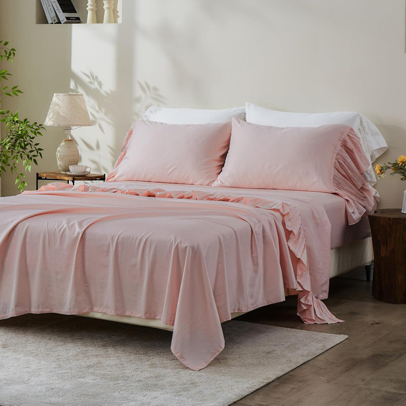 Ensemble de draps 100% coton Draps de lit à volants, Full 1 drap plat 1 drap-housse 2 taies d'oreiller, Rose