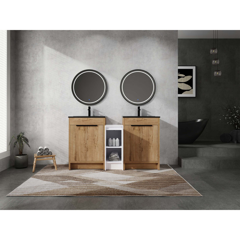 Meuble-lavabo autoportant avec lavabo en céramique et armoires de rangement, porte à fermeture douce, tablette réglable