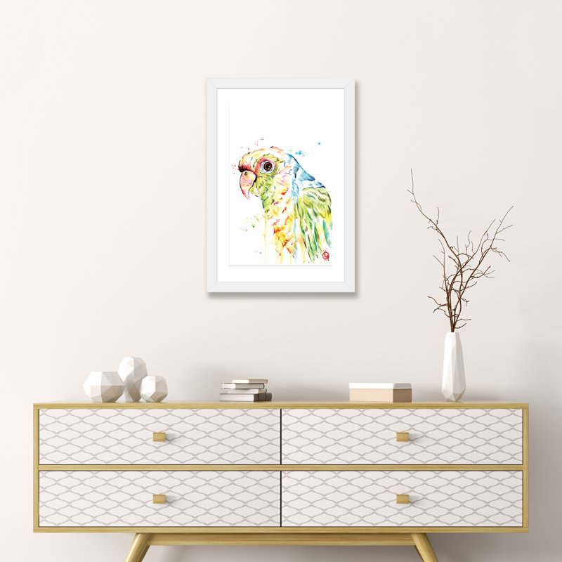 «Parrot» par Lisa Whitehouse - impression d'art graphique, H 24 po x l 16 po x P 1 po, Papier encadré blanc, Blanc