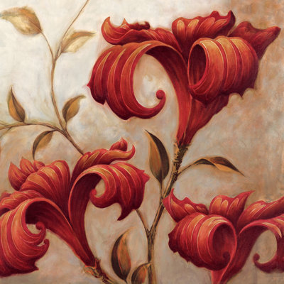 Curly Red Floral Square 2 - Wrapped Canvas Painting