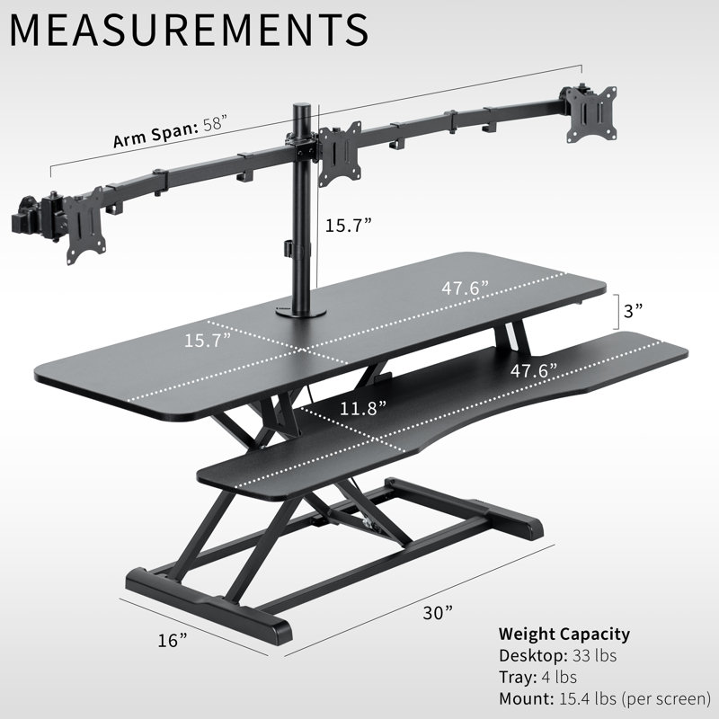 Black Adjustable 48" Standing Desk Converter with Triple Monitor Mount