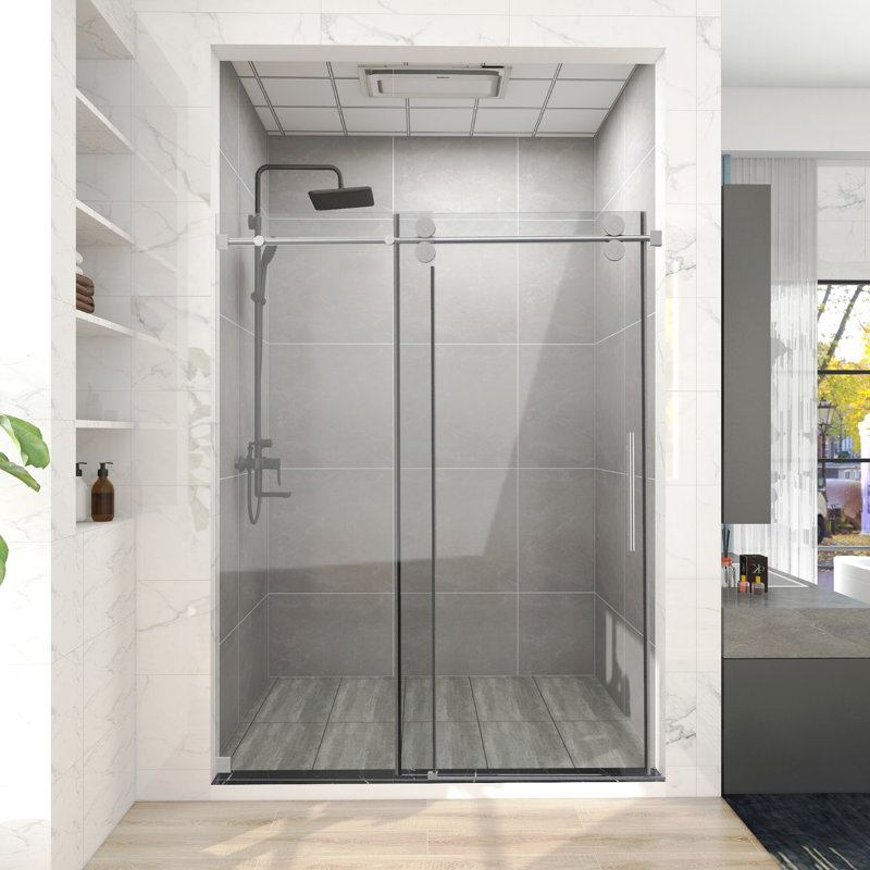 60 In. W X 66 In. H Single Sliding Frameless Shower Door/Enclosure In Brushed Nickel Finish With Clear Glass, Brushed Nickel