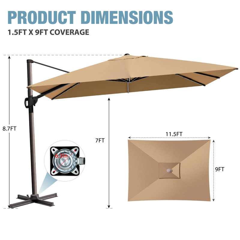 Parasol extérieur en porte-à-faux 141 po x 104 po Donelu, base lestée non incluse, Tanné