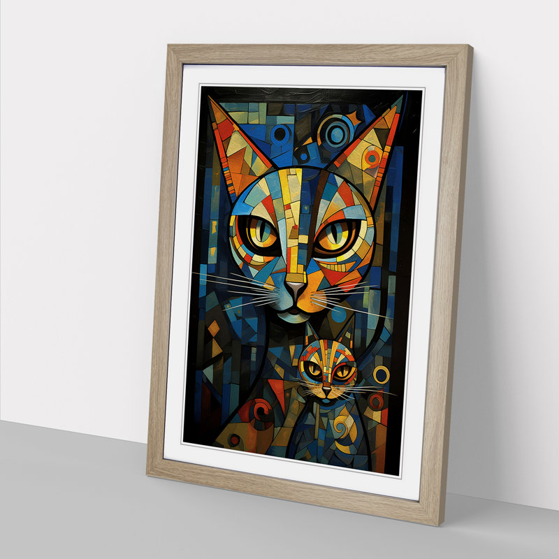 XYZ-FRM-V1223-610 Egyptian Cat Dadaism - Single Picture Frame Print on Wood, Oak, 46cm H x 34cm W x 2cm D