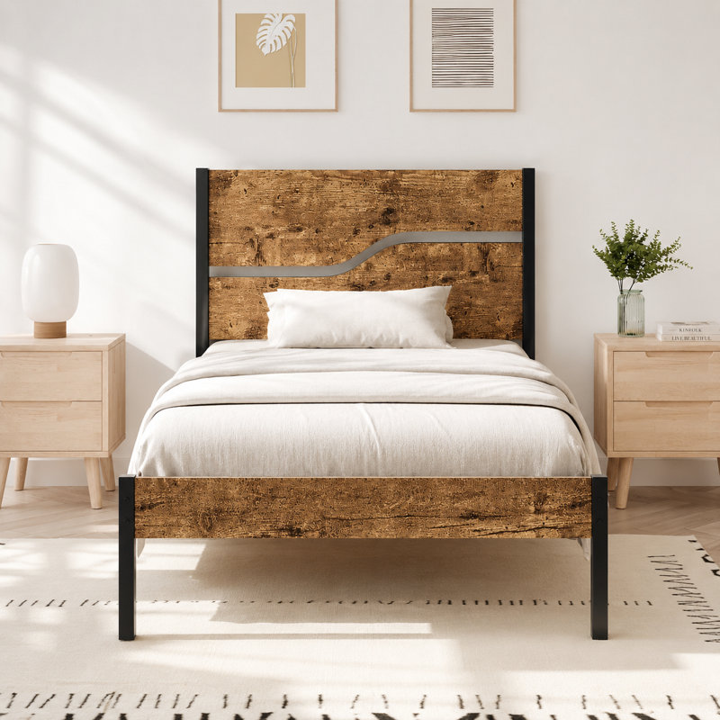Kempst Twin Bed Frame with Wood Headboard and Footboard, Rustic Brown Farmhouse Platform Bed with Under-Bed Storage, Mattress Foundation with Heavy Duty Slats Support, No Box Spring Needed, Noise Free, Easy Assembly