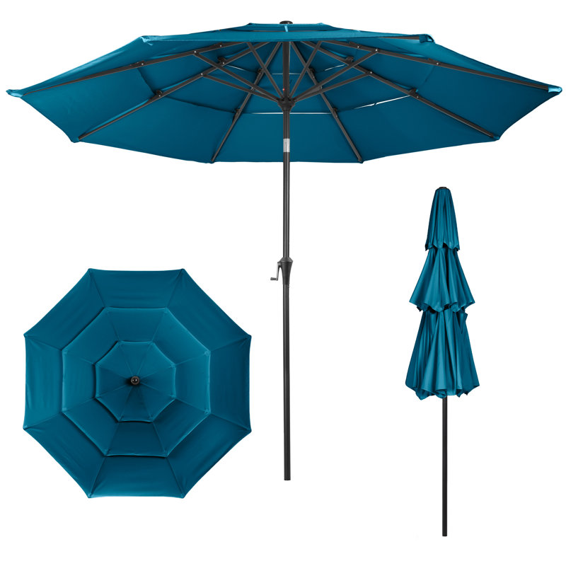 10 ft Patio Umbrella - 3-Tiered Sunshade with Push Button Tilt and Easy-Open Crank - Outdoor Umbrella for Deck, Yard, or Pool by Pure Garden (Teal)